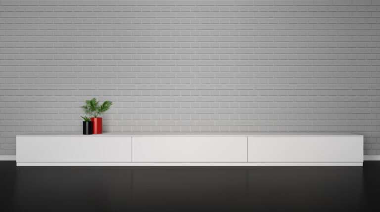 Minimalistic interior with cupboard table with plants